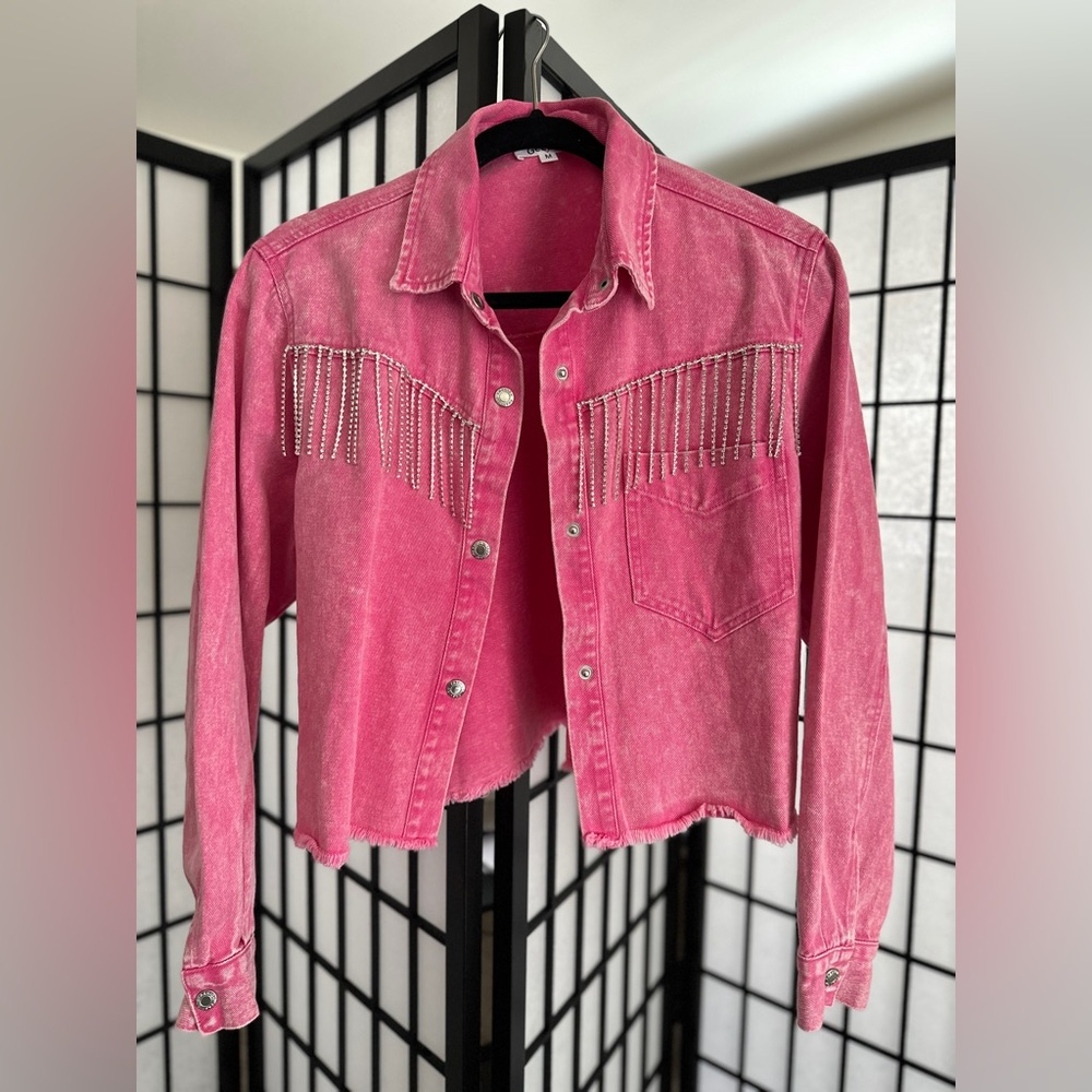 Pink Cropped Denim Jacket with Sparkle Detail | Dry Goods